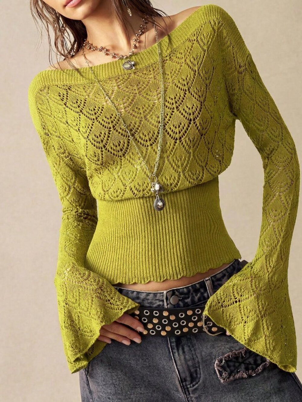 Olive Green Casual Women's Boat Neck Drop Shoulder Flare Sleeve Knit Sweater